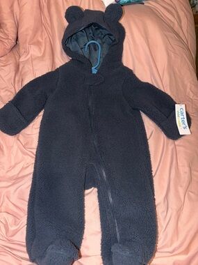 Carter's Navy Teddy Fleece Bear Hooded One-Piece Footie